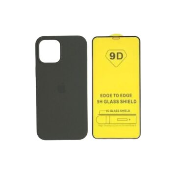 Funda Silicone Case IPhone 12 Gris Oscuro + Vidrio Templado 9D